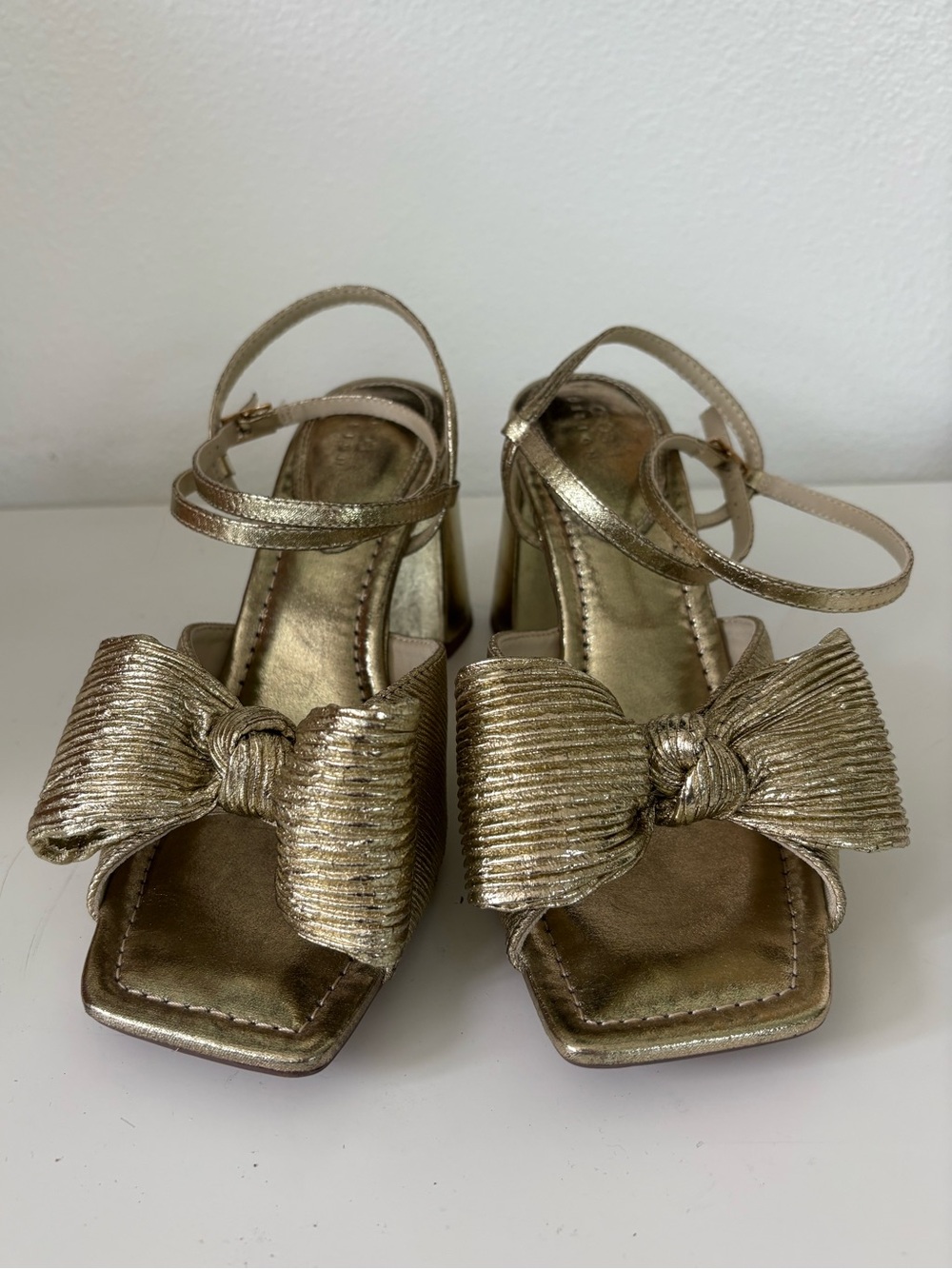 New Gold Chunky Heels with Bow